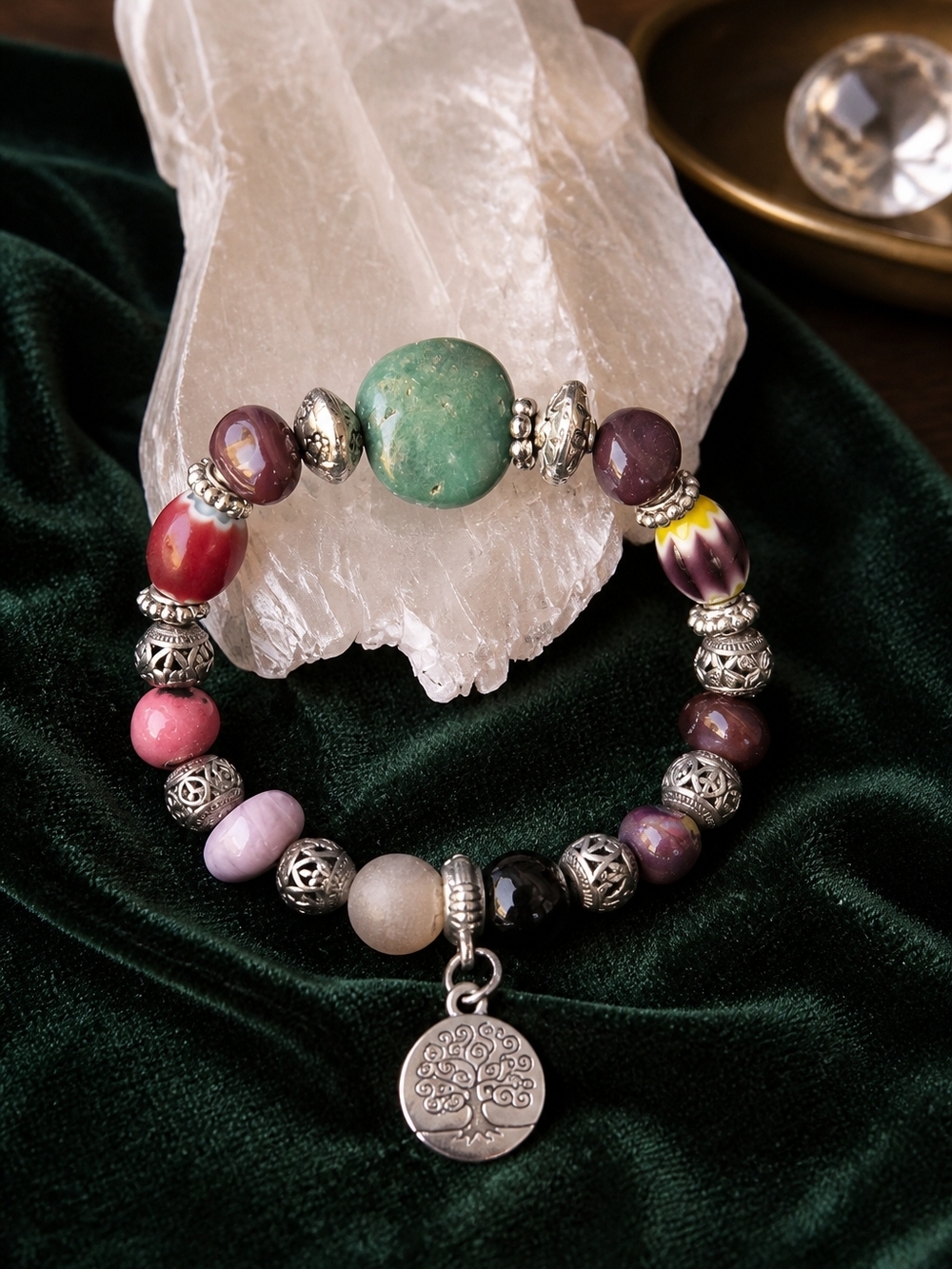 Multicolor Beaded Gemstone Charm Bracelet with Tree of Life Pendant
